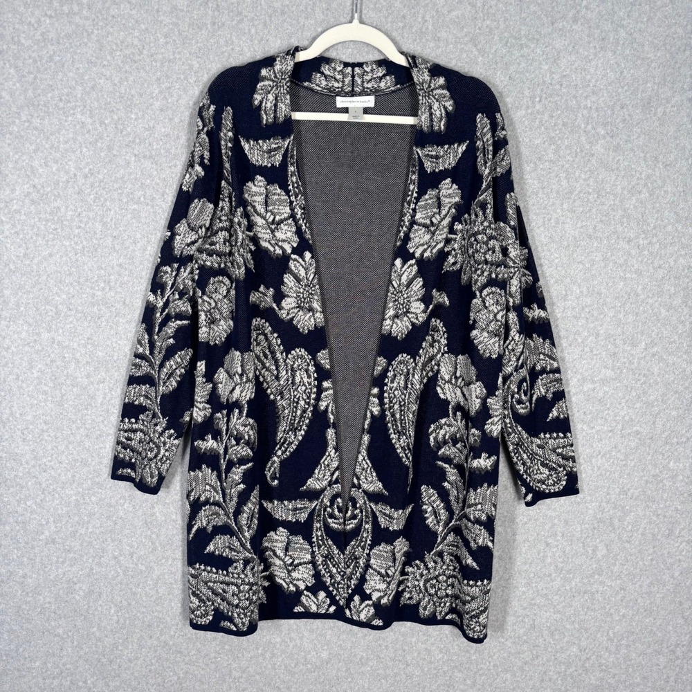 Christopher Banks Cardigan Duster Sweater Small‎ Navy Paisley Tapestry Coatigan